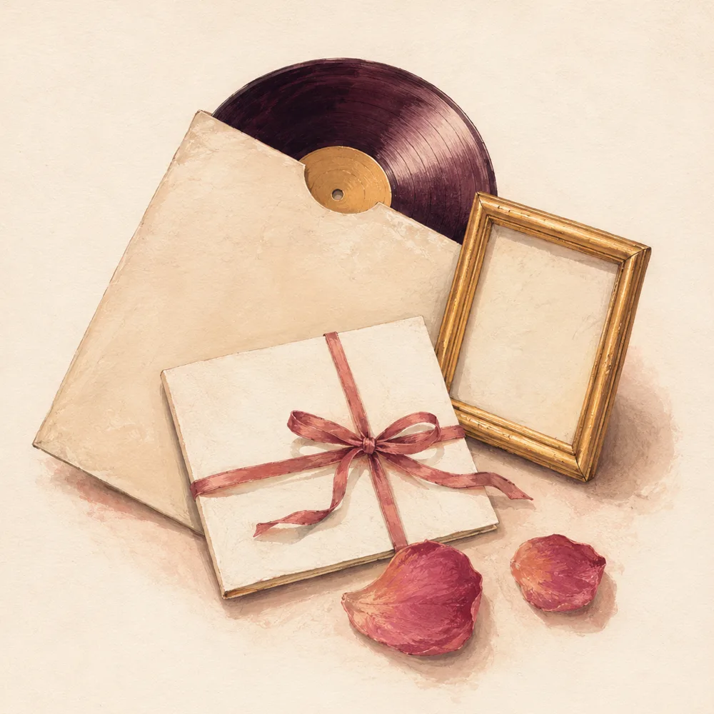 A painted still life of the things you keep: a dark vinyl record sliding out of a plain paper sleeve, a small empty gilt picture frame leaning beside it, a folded card tied with a rose ribbon, and two rose petals.