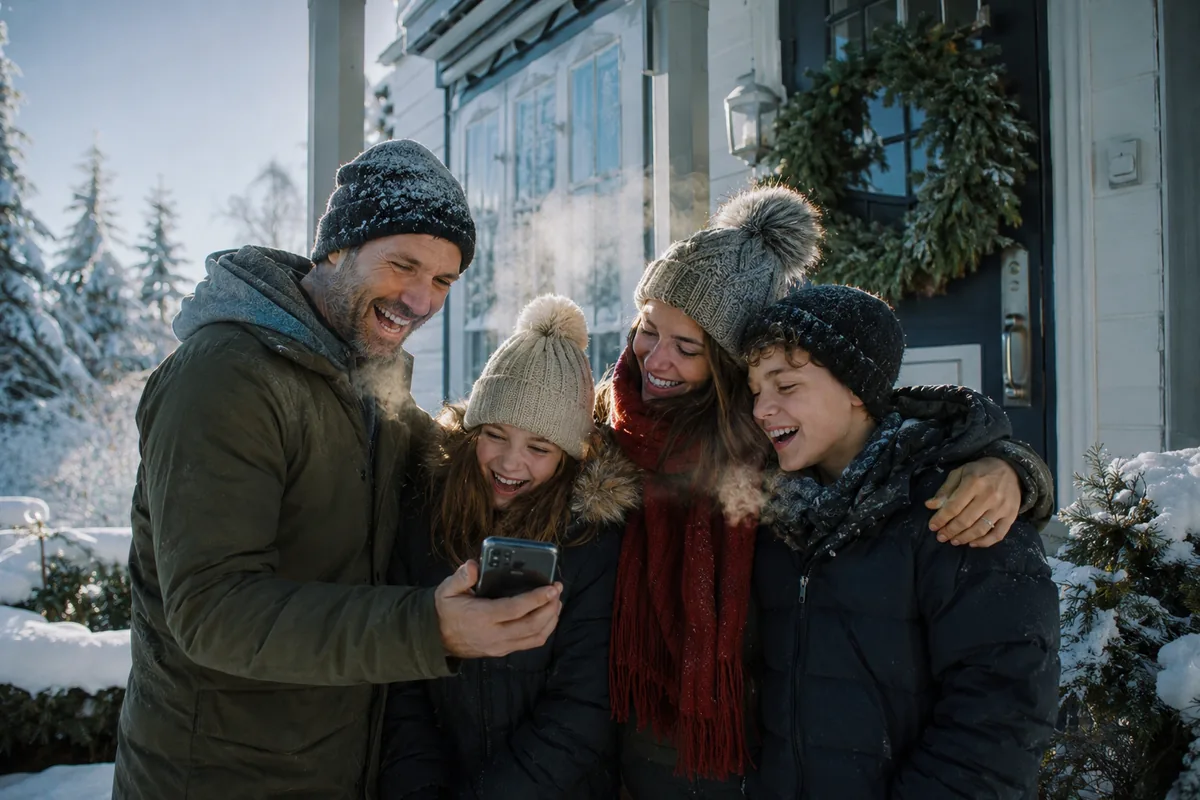 A family of four in coats and beanies on a snowy front porch laughing around a phone the father holds up, breath in the cold air, a pine wreath on the door and snow on the trees.