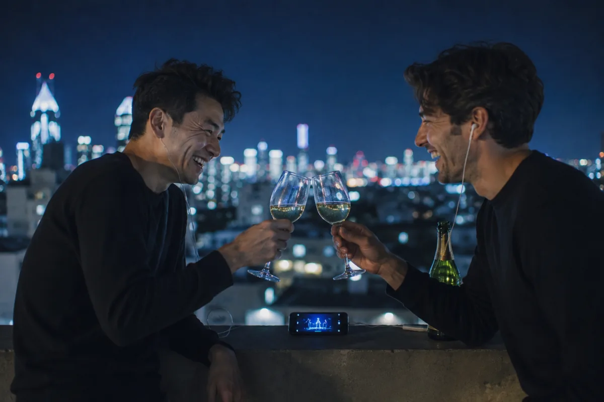 Two friends on a city rooftop at night clinking glasses of white wine over a phone propped on the ledge, both laughing, the lit skyline blurred behind them.
