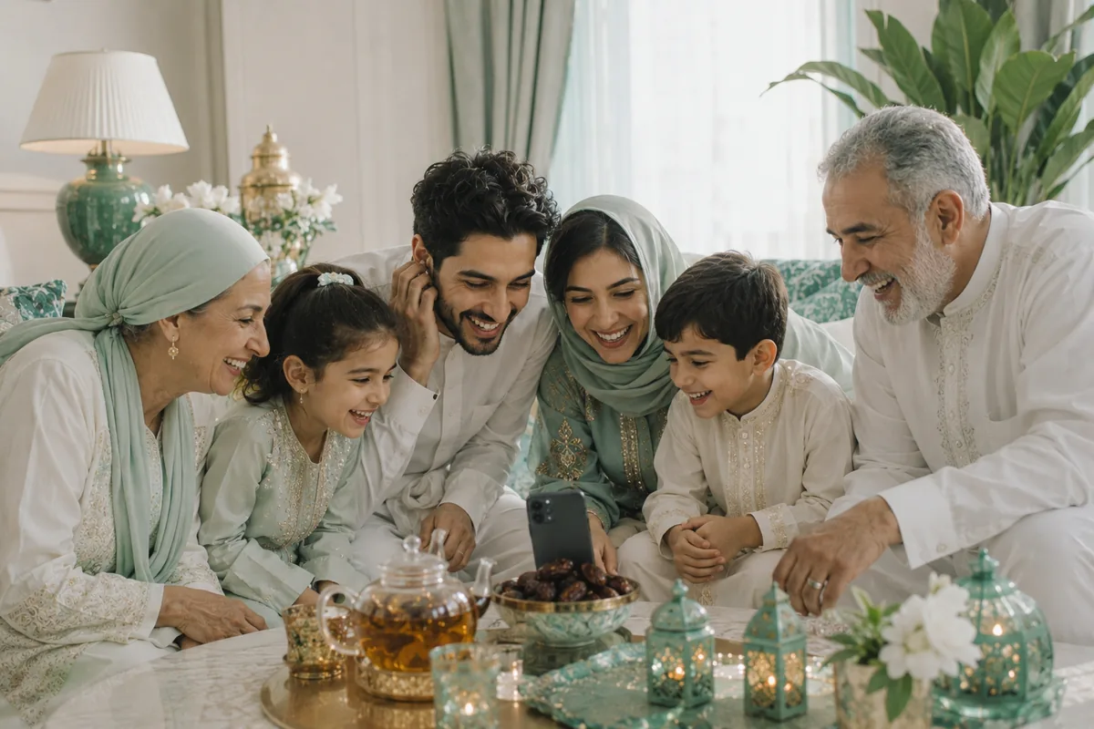 An extended family in pale festive clothes gathered around a low table laid for Eid, two children leaning in towards the phone one holds, a glass teapot, dates and small green lanterns in front of them.