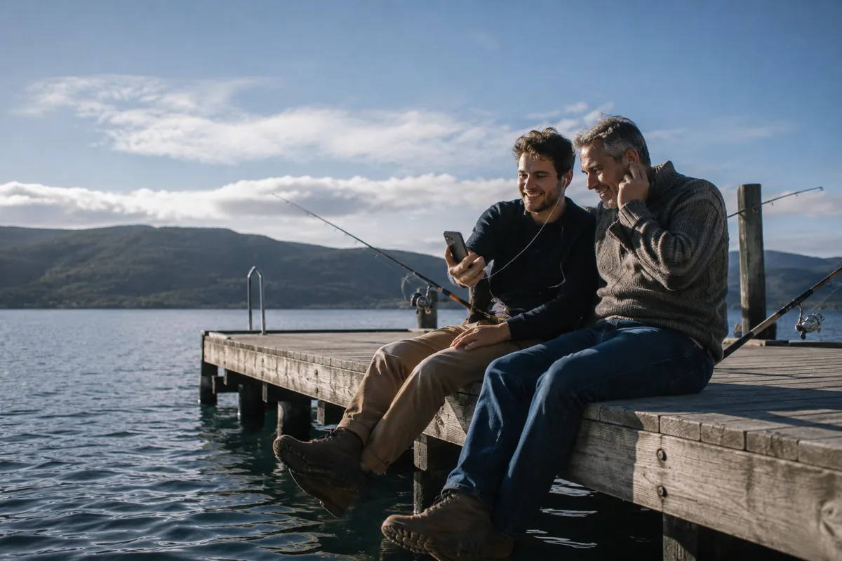 A father and his grown son sitting on the end of a wooden jetty over a lake, legs dangling, the son holding a phone and the father grinning as he listens, a fishing rod beside them and hills across the water.