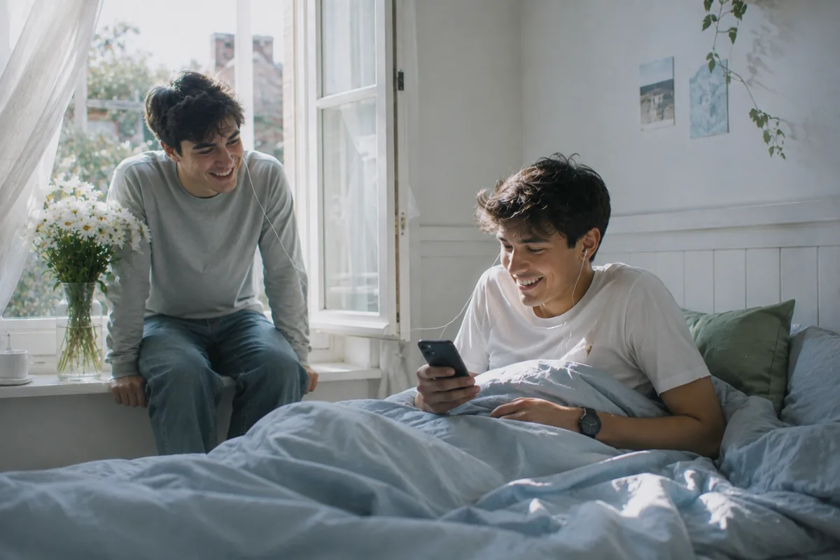 A young man sitting up in bed under a pale blue duvet smiling at his phone, a friend perched on the windowsill by an open window, white flowers in a vase and morning light.