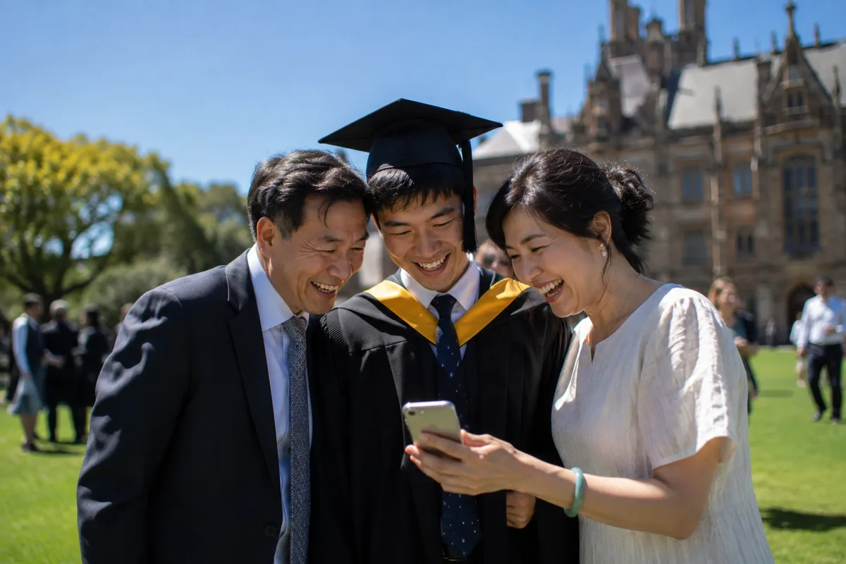 A graduate in a black gown and cap with a yellow sash laughing with his parents on a sunny university lawn, his mother holding a phone between them, a sandstone building behind.