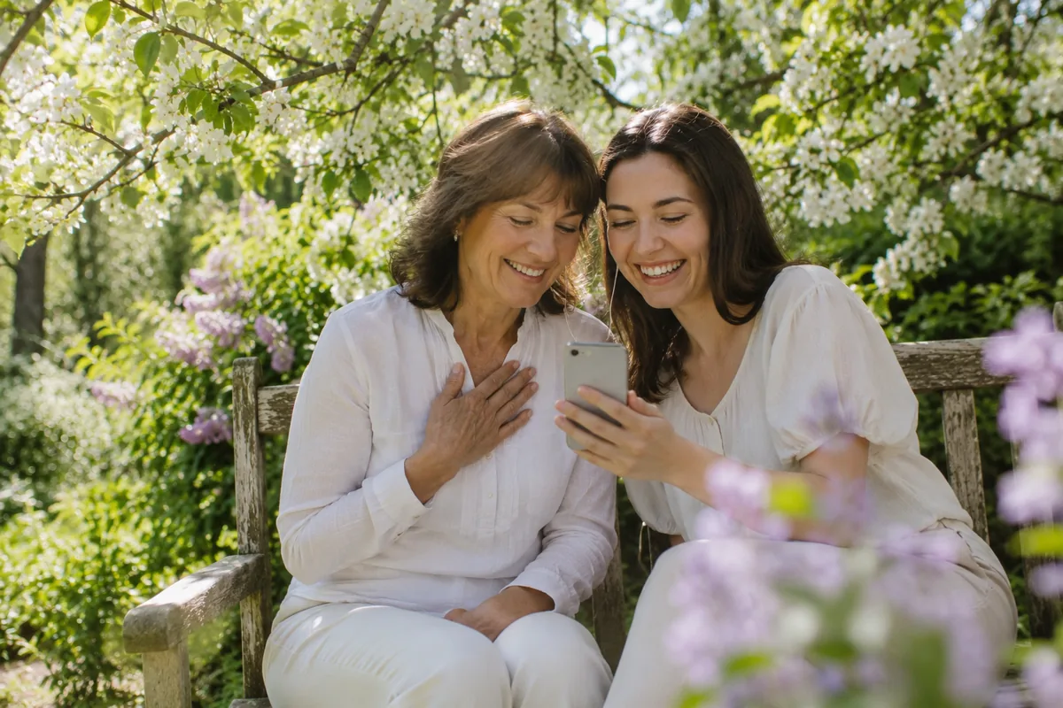 A mother and her grown daughter on a garden bench under white spring blossom, both in white, laughing at the phone the daughter holds, the mother's hand on her chest.