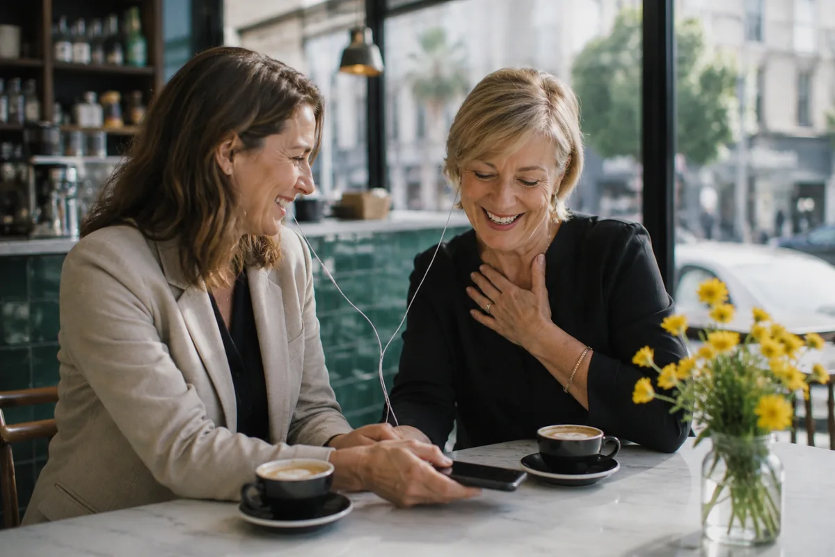 Two women at a marble cafe table, one sliding her phone across and the other touching her chest and smiling as she listens, two flat whites and a jar of yellow flowers, teal tiles and the street behind.