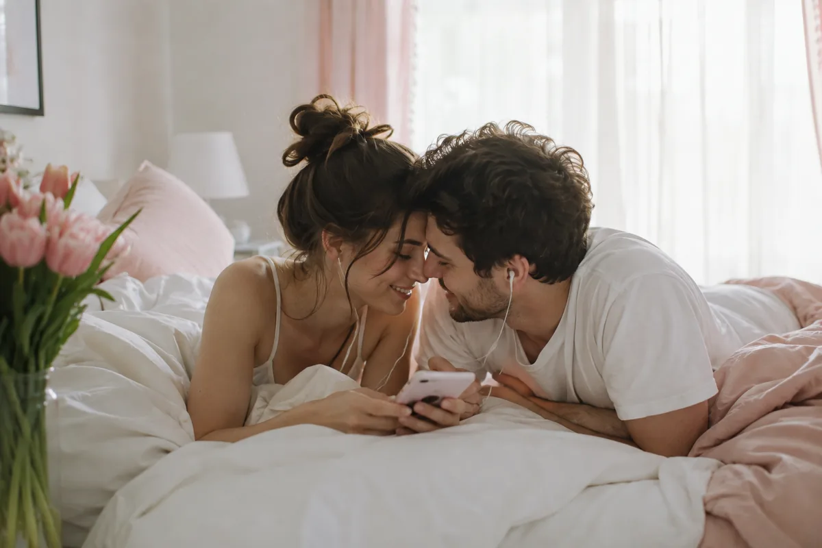 A couple lying on their stomachs on a white bed in soft morning light sharing one pair of earphones, foreheads touching, pink tulips by the window.