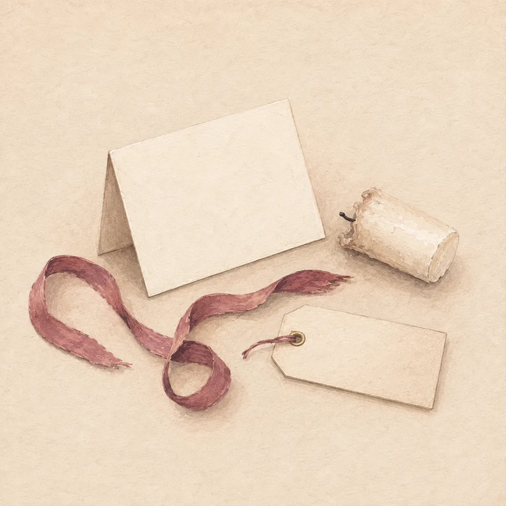 A painted still life of gifts that say nothing: a blank folded greeting card standing open, a stubby burnt-down candle on its side, a slack untied ribbon and a small blank gift tag, all scattered on cream paper.