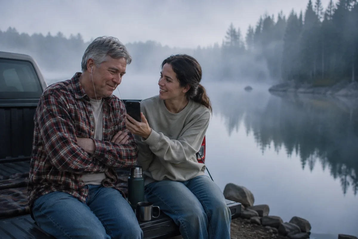 A father in a red flannel shirt and his grown daughter sitting on the tailgate of a pickup at a misty lake at dawn, the daughter holding out a phone and the father smiling as he listens, pines across the still water.