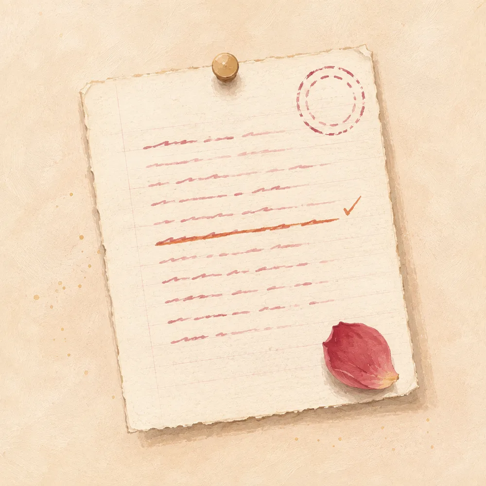 A lyric sheet pinned by a brass tack, its lines painted as abstract rose ink strokes, one line struck through in terracotta and ticked, with a dashed circular stamp in the corner.