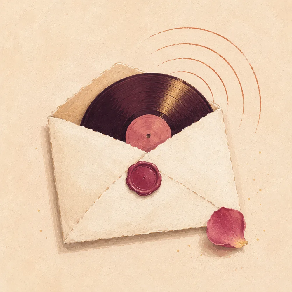An open paper envelope closed with a deep rose wax seal, a vinyl record sliding halfway out of it, and terracotta sound-wave arcs rippling outward past a rose petal.