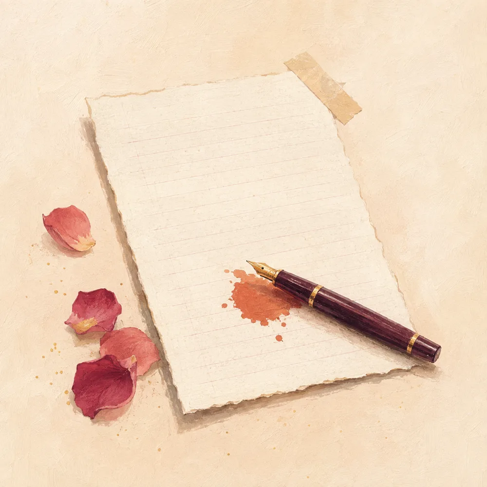 A painted sheet of ruled letter paper taped at one corner, a fountain pen laid across it beside a spill of terracotta ink, with rose petals scattered at the edge.